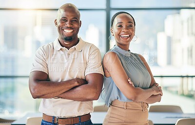 Buy stock photo Smile, crossed arms and portrait of business people in the office with confidence and happiness. Young, pride and face of team of professional African creative designers standing in modern workplace.