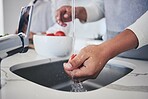 Water, tomato and person hands cleaning vegetable for cooking in a kitchen basin or sink in a home for hygiene. Salad, food and chef prepare produce for a supper, lunch or dinner for diet meal