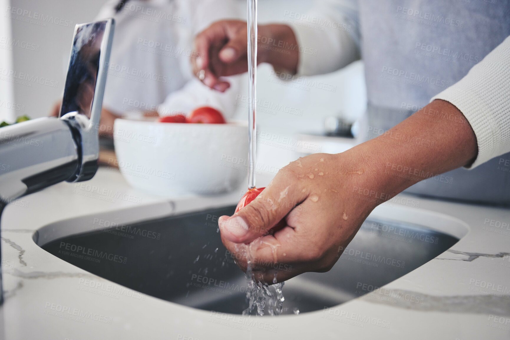 Buy stock photo Water, tomato and person hands cleaning vegetable for cooking in a kitchen basin or sink in a home for hygiene. Salad, food and chef prepare produce for a supper, lunch or dinner for diet meal