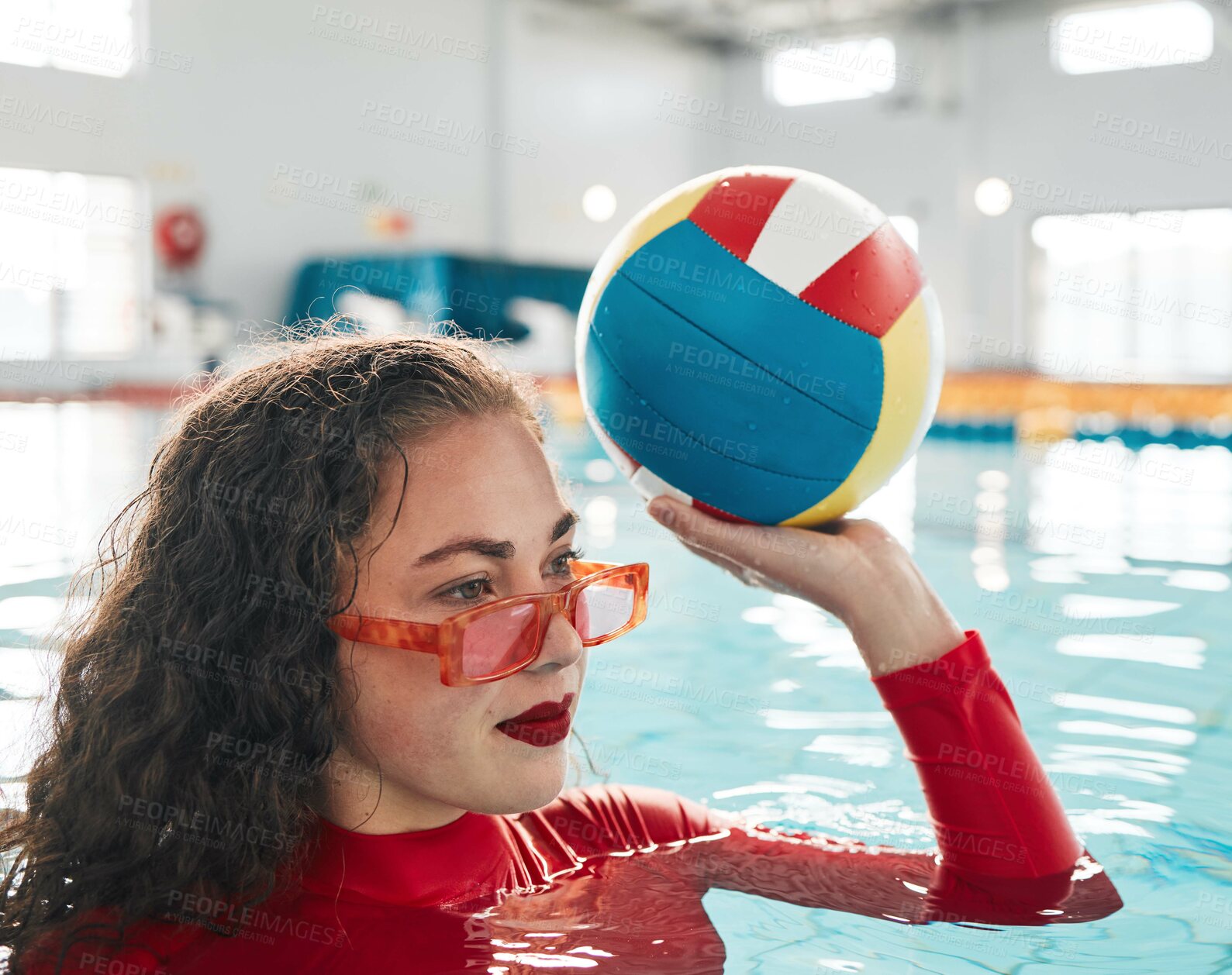 Buy stock photo Swimming, water polo and woman with ball, exercise and workout in summer. Sport, sunglasses and person in pool, training and fitness for healthy body, wellness and practice match in competition game