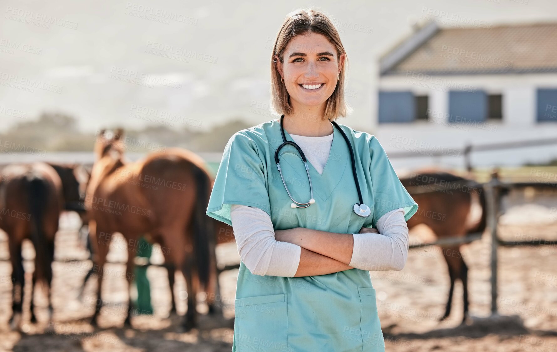 Buy stock photo Happy horse vet, portrait and woman with arms crossed, care or smile for love, animal or nature at farm. Doctor, nurse and equine healthcare expert in sunshine, countryside and services for wellness