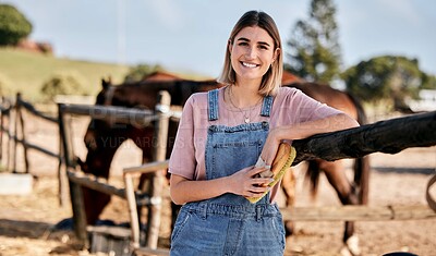 Buy stock photo Horse, cleaning and portrait of woman with brush on ranch for animal care, farm pet and grooming in countryside. Farming, happy and person with stallion for wellness, healthy livestock and hygiene