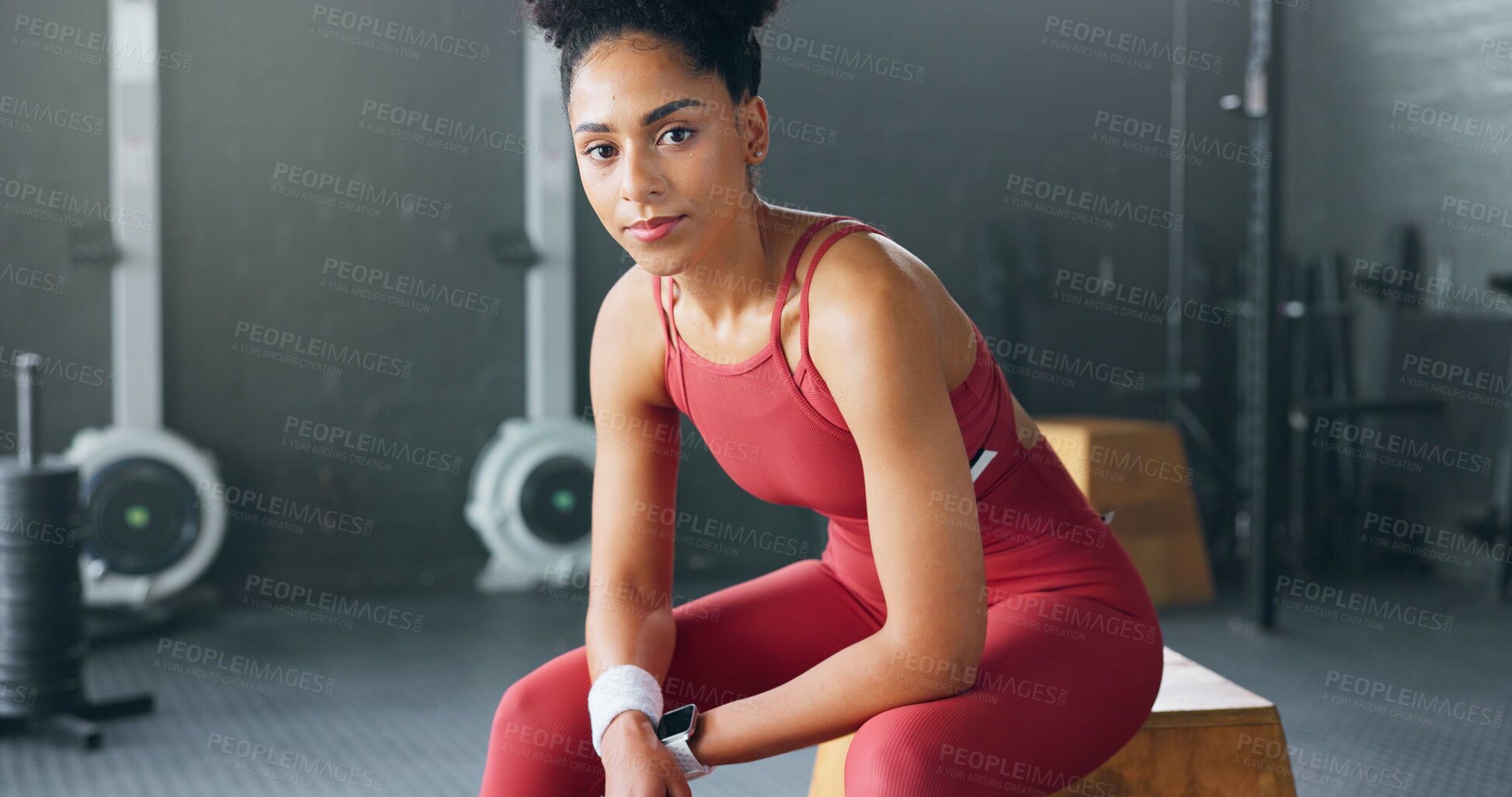 Buy stock photo Portrait, woman and fitness for health at gym in sportswear with equipment for exercise. African, girl or personal trainer with motivation, mindset and confidence for workout, target or wellness 