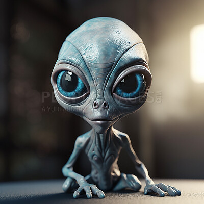 Buy stock photo Creature, portrait and futuristic alien or fantasy in a UFO space ship, outer space and surreal character with ai generated. Extraterrestrial, scary world or universe with invasion and creature 