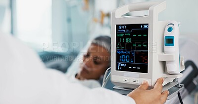 Buy stock photo Patient, doctor and heart monitor, healthcare and help with advice, vital sign with rehabilitation in hospital. People with health numbers, screen and medical emergency, cardiology and EKG machine