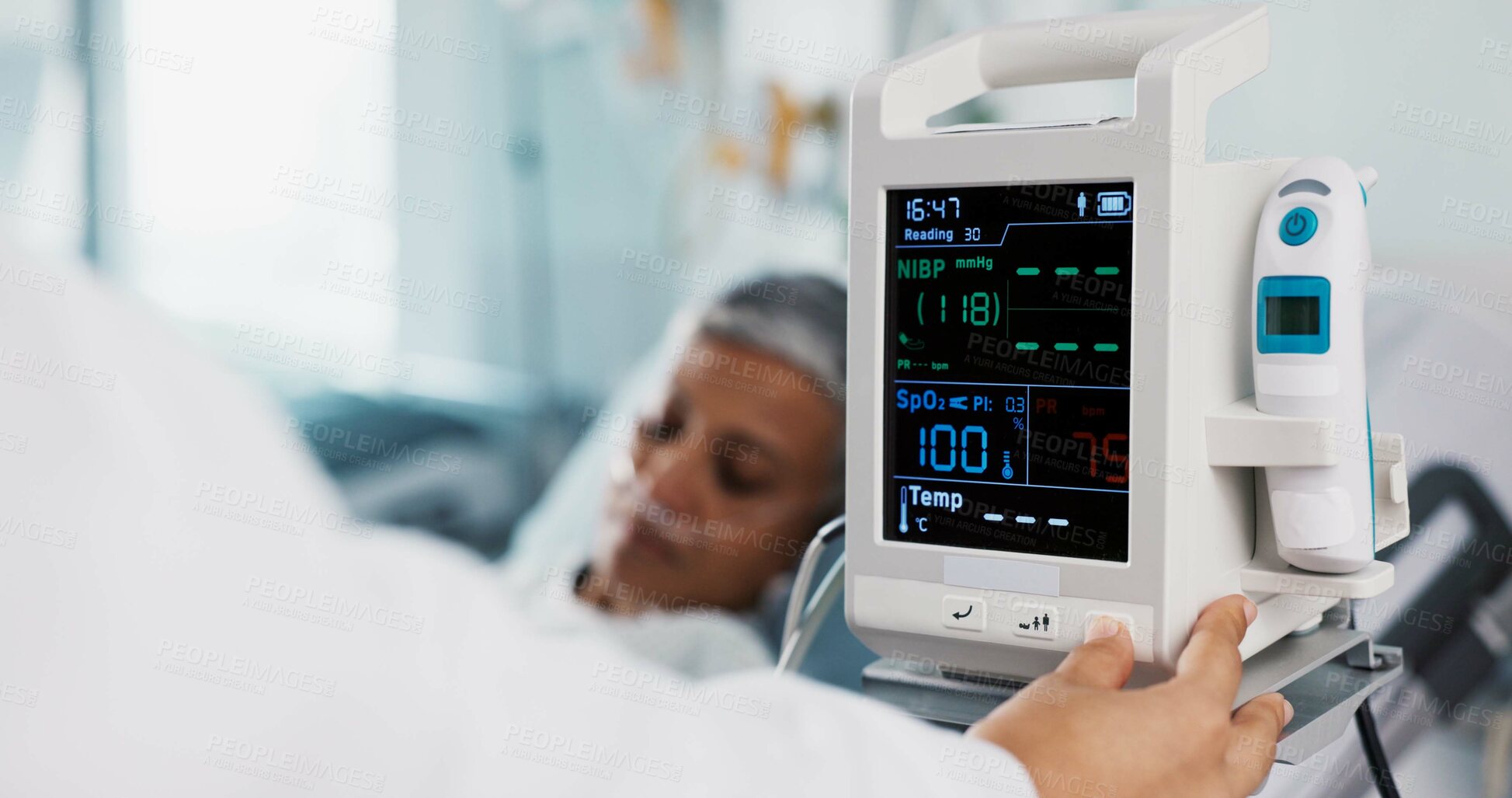 Buy stock photo Patient, doctor and heart monitor, healthcare and help with advice, vital sign with rehabilitation in hospital. People with health numbers, screen and medical emergency, cardiology and EKG machine