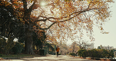 Buy stock photo Nature, thinking and Japanese woman in city on commute, travel and journey in urban park. Walking, fashion and person with trees wondering, thoughtful and relax on adventure, holiday and vacation