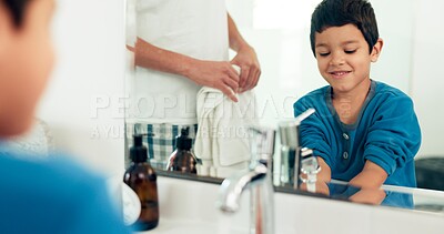 Family, washing face and father with boy in bathroom for skincare, wellness and hygiene at home together. Love, beauty and happy dad and child with water, liquid and soap for cleaning and health