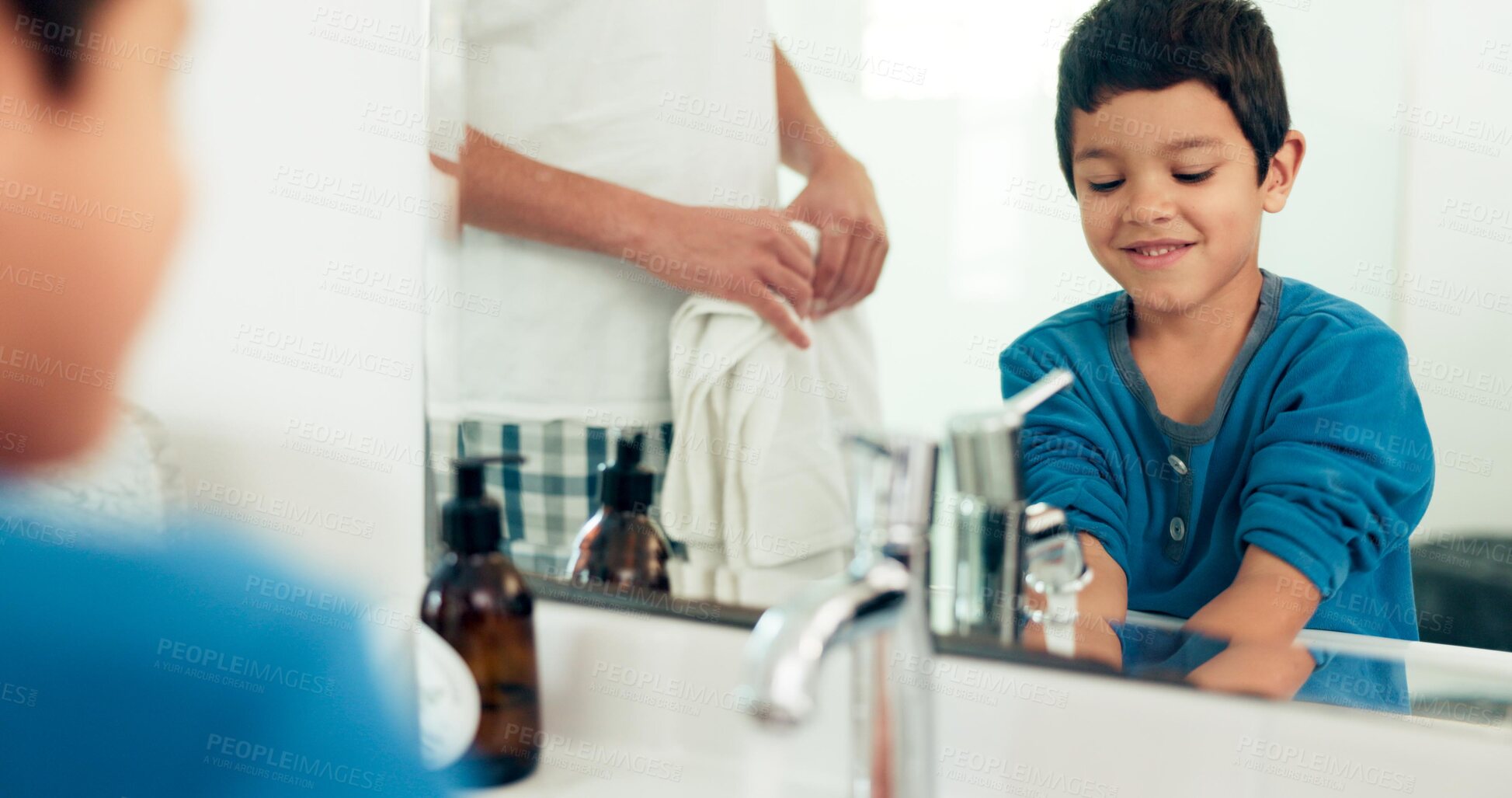 Buy stock photo Family, cleaning and boy with hands in sink in bathroom with father and skincare for hygiene at home together. Love, smile and dad with happy child with water, liquid and soap for washing and health