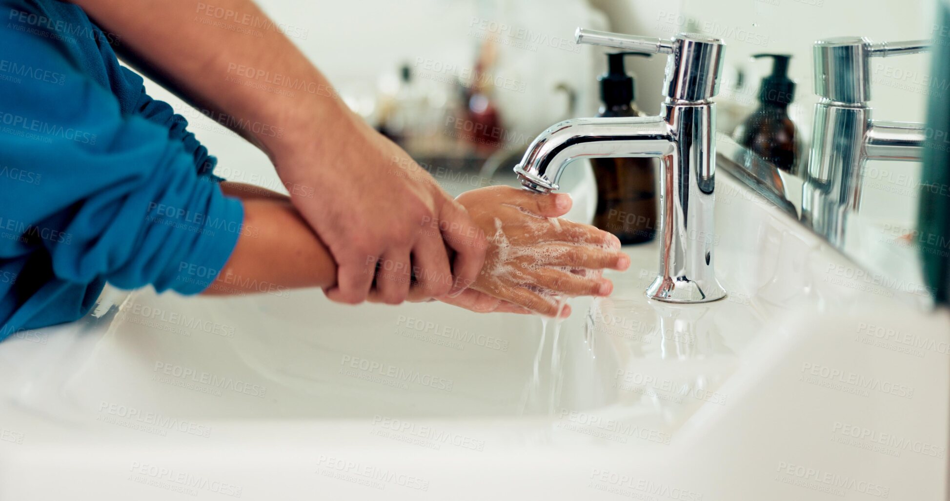 Buy stock photo Hands, washing and parent helping kid for hygiene and health, water and child development for wellness. People in bathroom, clean with soap at sink and healthy, learn handwashing and disinfect