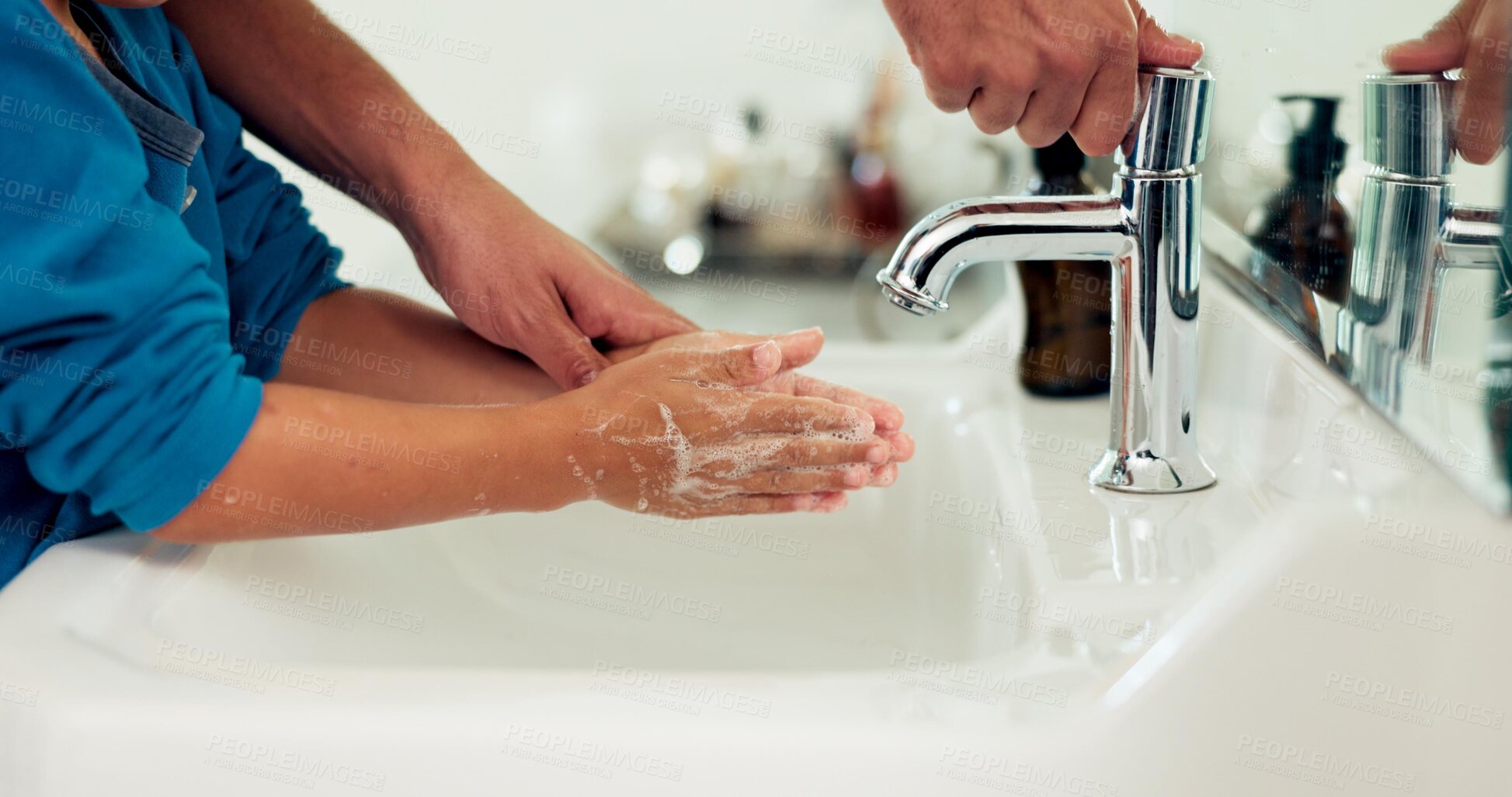 Buy stock photo Hands, cleaning and parent helping kid for hygiene and health, sustainability, water and child development. People in bathroom, washing with soap at sink and healthy, learn handwashing and disinfect