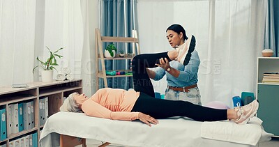 Physiotherapist, rehabilitation or old woman stretching knee to help in physical therapy for mobility exercise. Elderly person, chiropractor or physiotherapy healing workout for legs or muscle injury