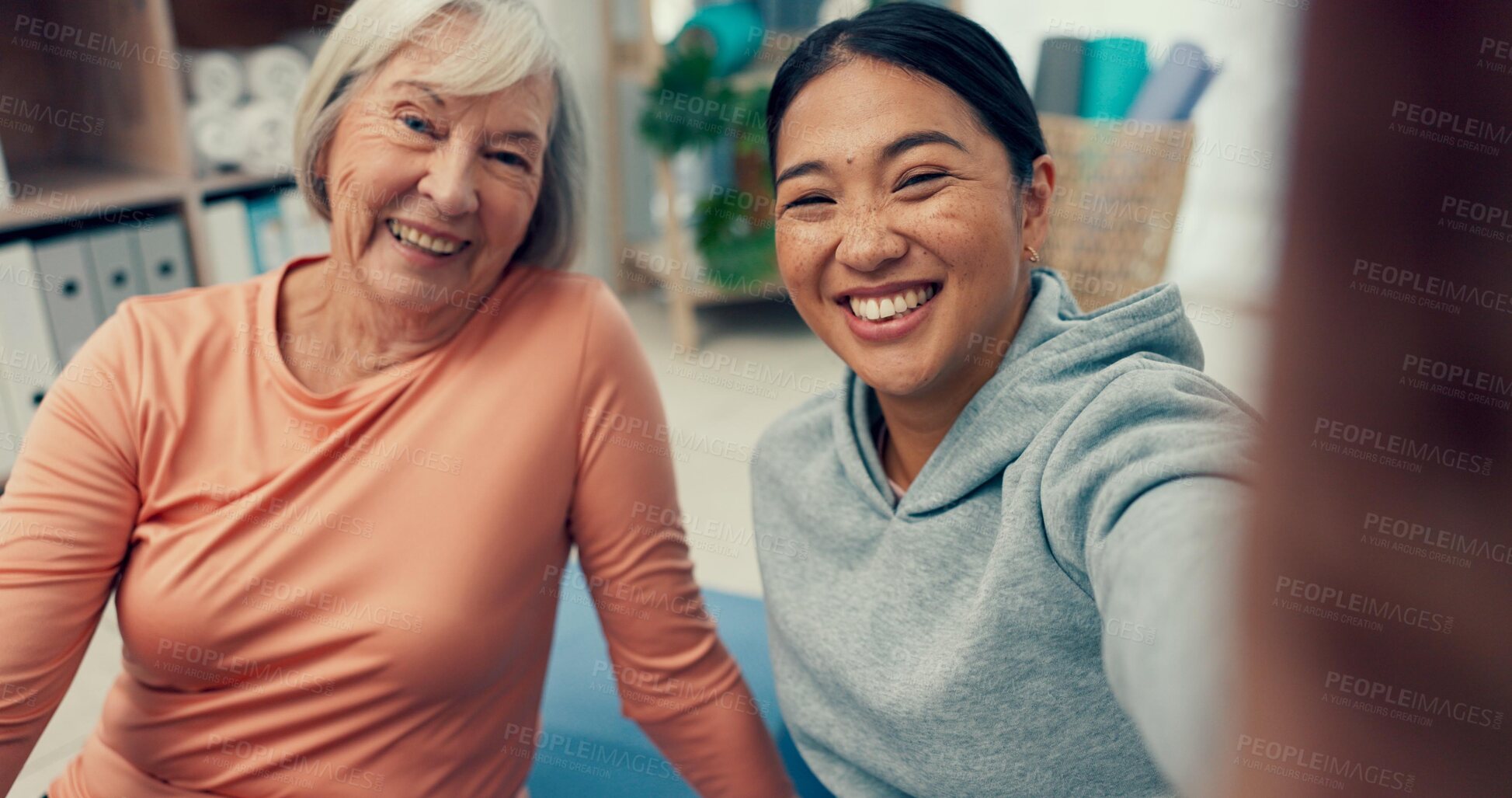 Buy stock photo Chiropractor, selfie or old woman in physical therapy after mobility rehabilitation and social media. Elderly patient, physiotherapy or senior person with pictures or photo with memory and fitness