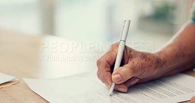 Hands, writing or woman with contract to sign on application or document for will, life insurance or divorce papers. , closeup or person with signature for paperwork, form or title deed agreement