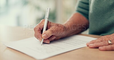 Hands, sign or senior woman with contract, application or document for will, insurance or divorce papers. Pen, closeup or person writing signature for paperwork, form or title deed agreement on table