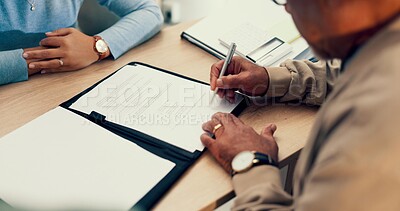 Hands, lawyer or man with contract to sign application or writing on document for insurance papers. Compliance, closeup or client signature for paperwork policy, legal form or title deed agreement