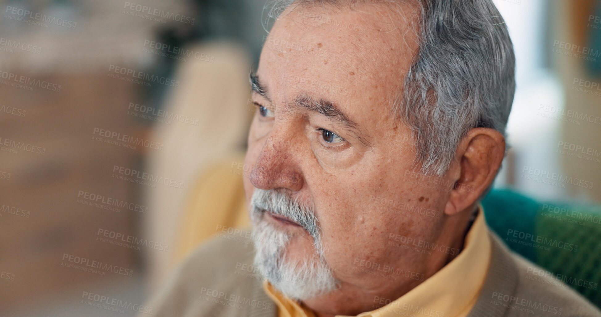 Buy stock photo Thinking, memory and old man with nostalgia, lounge and nursing home on sofa to relax in lonely retirement. History, remember and vision of past life memories, elderly person and couch in apartment