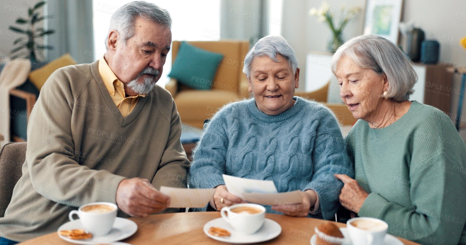 Buy stock photo Coffee, reading and senior friends in living room of nursing home with letter or invitation. Smile, conversation and group of elderly people in retirement drinking cappuccino in lounge at house.