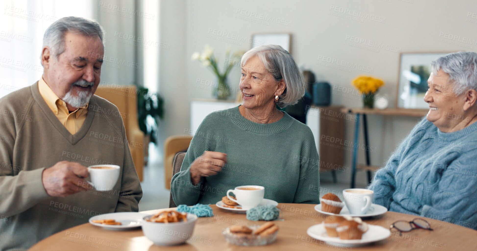 Buy stock photo Coffee, conversation and senior friends in living room of nursing home with letter or invitation. Smile, discussion and group of elderly people in retirement drinking cappuccino in lounge at house.