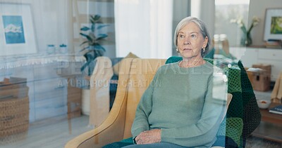 Thinking, memory and nostalgia, old woman in living room at nursing home on sofa, relax and lonely retirement. History, remember and vision of past life memories, elderly person on couch in apartment