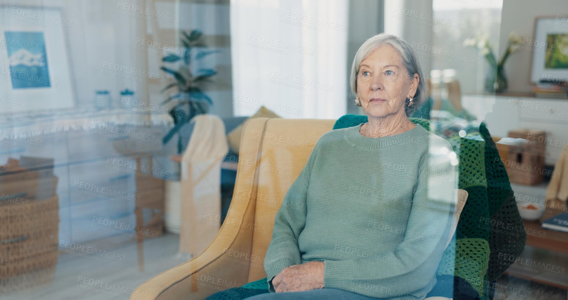 Buy stock photo Thinking, memory and old woman with nostalgia, lounge and nursing home on sofa to relax in lonely retirement. History, remember and vision of past life memories, elderly person and couch in apartment