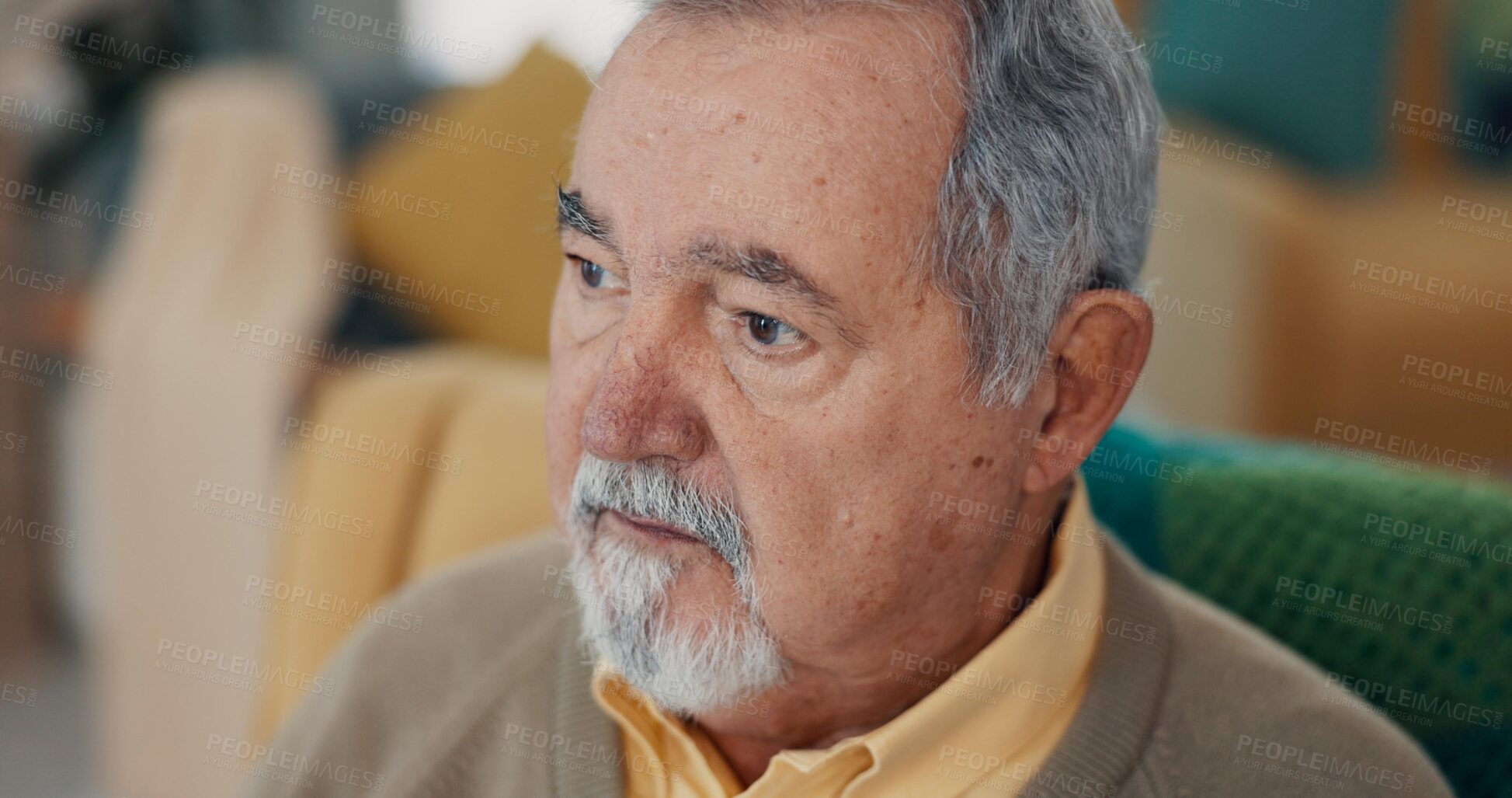 Buy stock photo Face, memory or nostalgia with old man on sofa of living room in home to relax for retirement. Peace, thinking or wellness with senior person closeup in apartment for break, rest or time off