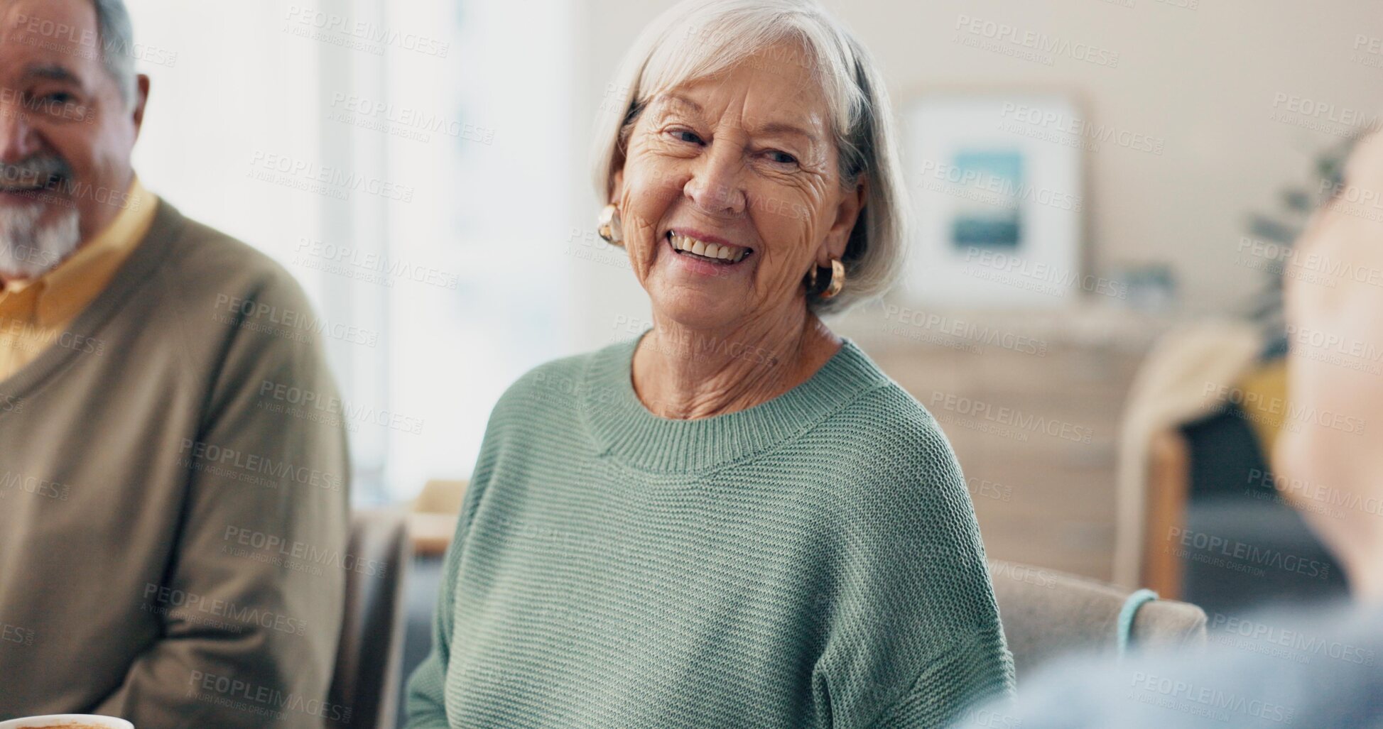 Buy stock photo Home, happy friends and senior woman relax, conversation and bonding in lounge. Elderly, pensioner and group of people smile in living room for chat, funny and laughing together in retirement house