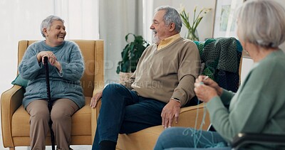 Conversation, happiness and elderly friends in the living room of their nursing or retirement home. Happy, discussion and group of senior people with disability talking in lounge together at house.