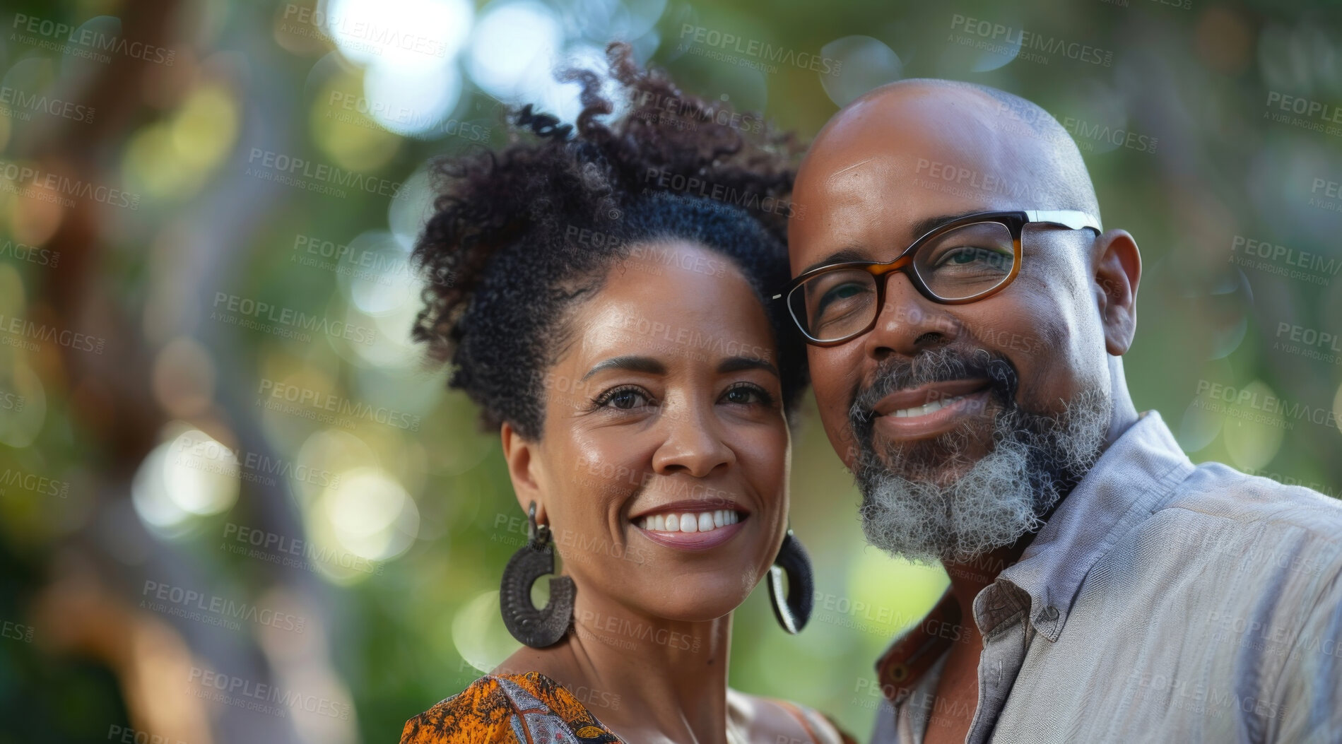 Buy stock photo Mature, couple and portrait of a man and woman posing together for love, bonding and dating. Happy, African and romantic people radiating positivity outdoors for content, happiness and exploration