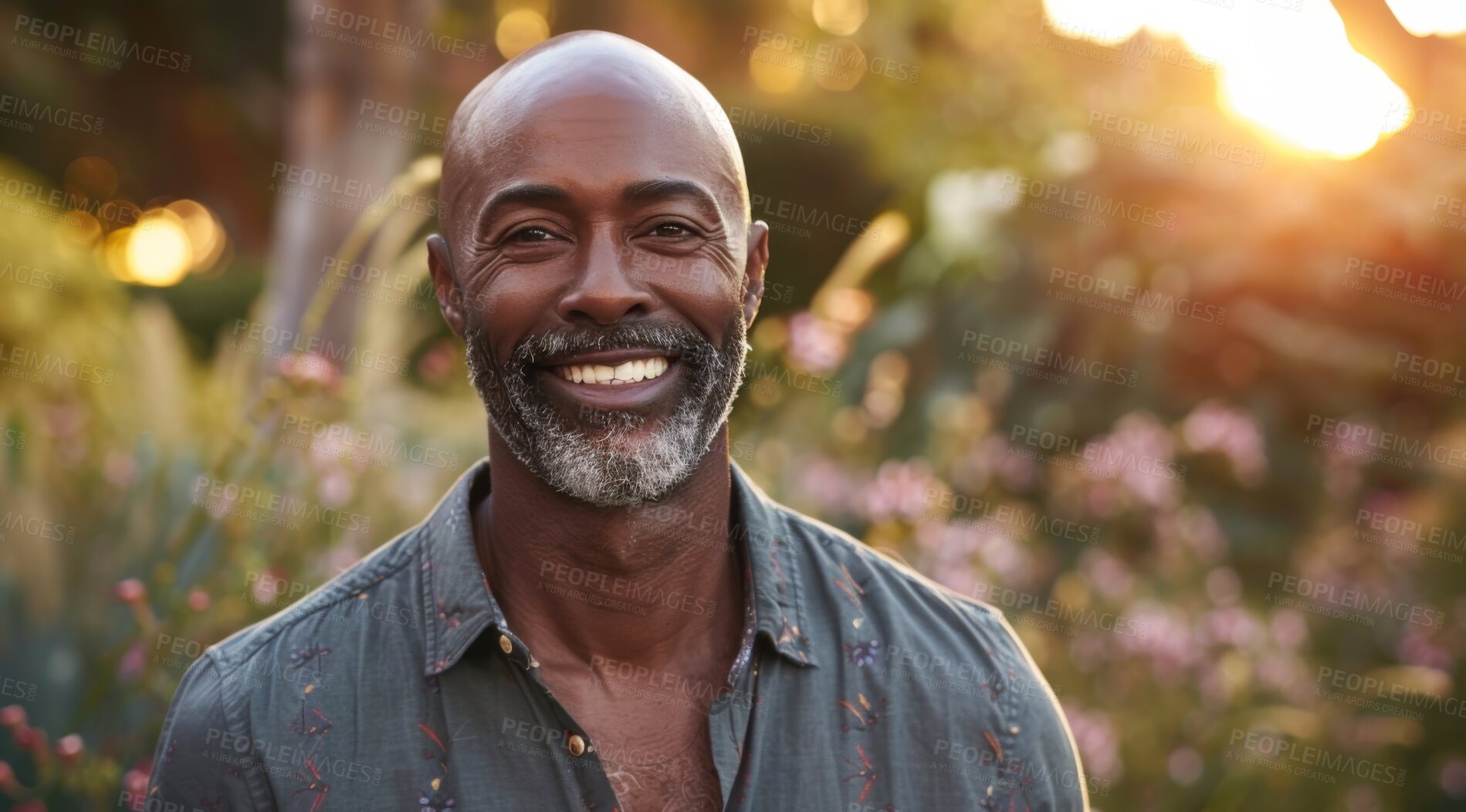 Buy stock photo Mature, man and portrait of a male laughing in a park for peace, contentment and vitality. Happy, smiling and african person radiating positivity outdoors for peace, happiness and exploration