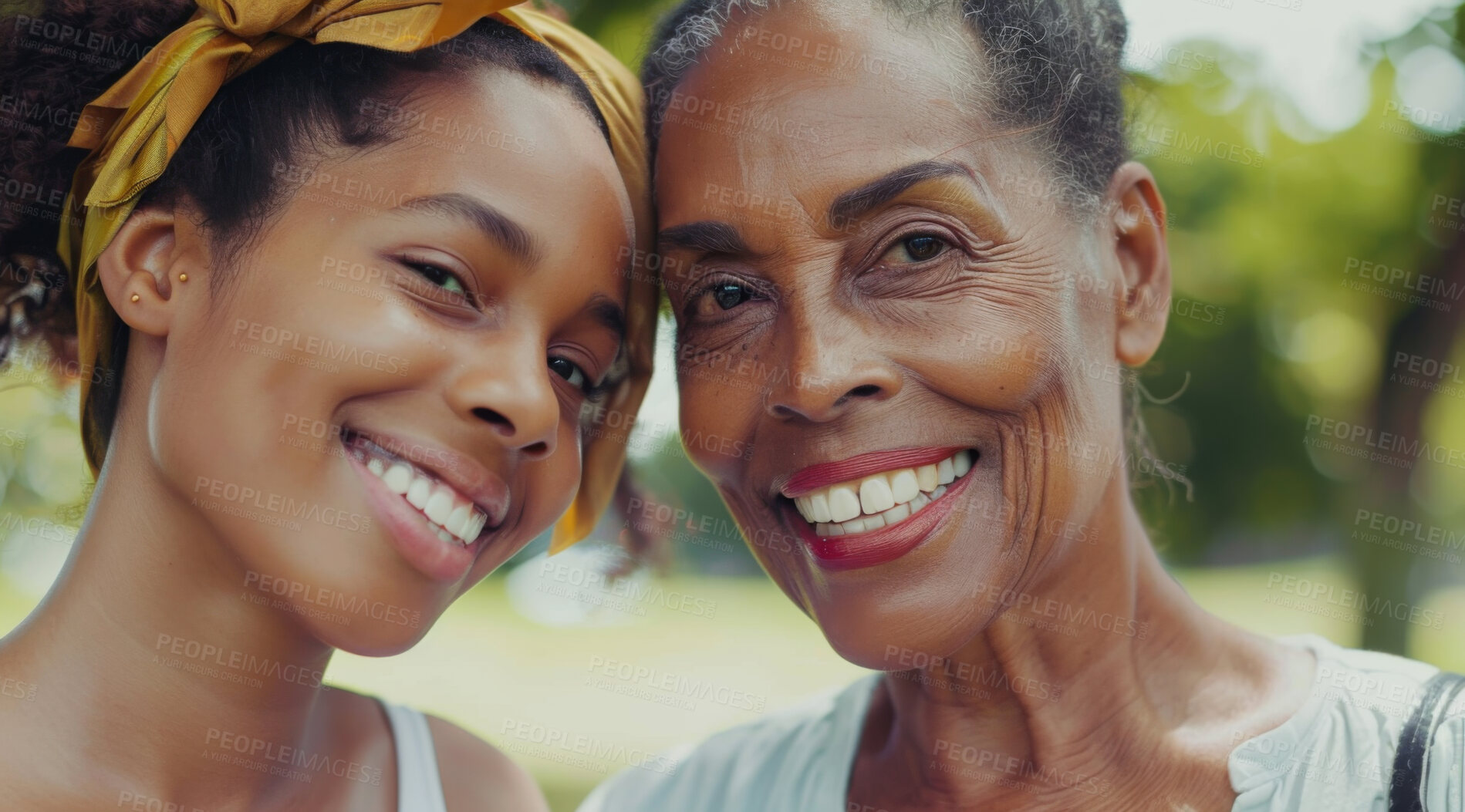 Buy stock photo Mature, woman and portait of a mother and daughter posing together in a park for love, bonding and care. Happy, african and people radiating positivity outdoors for content, happiness and exploration