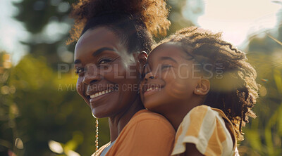Mature, woman and portait of a mother and daughter posing together in a park for love, bonding and care. Happy, african and people radiating positivity outdoors for content, happiness and exploration