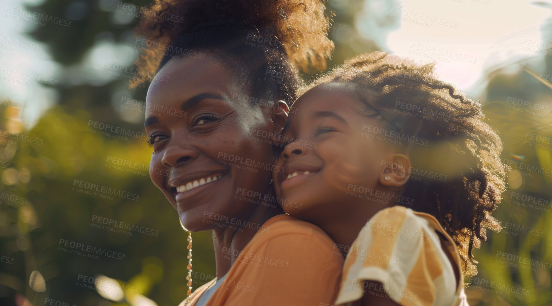 Buy stock photo Mature, woman and portait of a mother and daughter posing together in a park for love, bonding and care. Happy, african and people radiating positivity outdoors for content, happiness and exploration