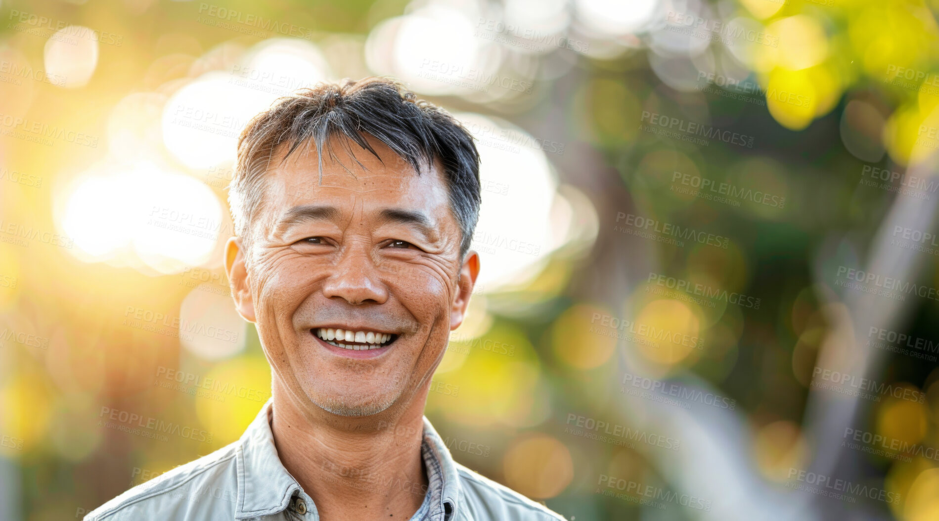 Buy stock photo Mature, man and portrait of a male laughing in a park for peace, contentment and vitality. Happy, smiling and chinese person radiating positivity outdoors for peace, happiness and exploration