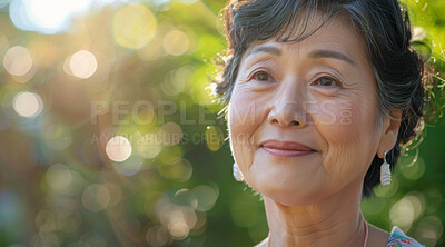 Mature, woman and portrait of a female laughing in a park for peace, contentment and vitality. Happy, smiling and chinese person radiating positivity outdoors for peace, happiness and exploration