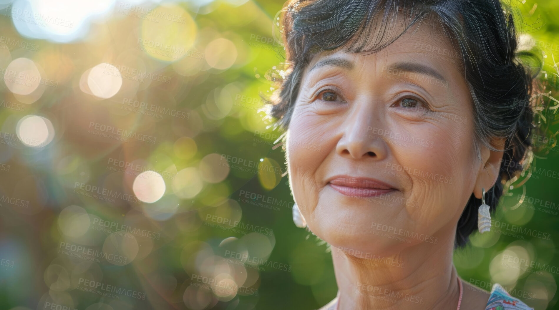 Buy stock photo Mature, woman and portrait of a female laughing in a park for peace, contentment and vitality. Happy, smiling and chinese person radiating positivity outdoors for peace, happiness and exploration