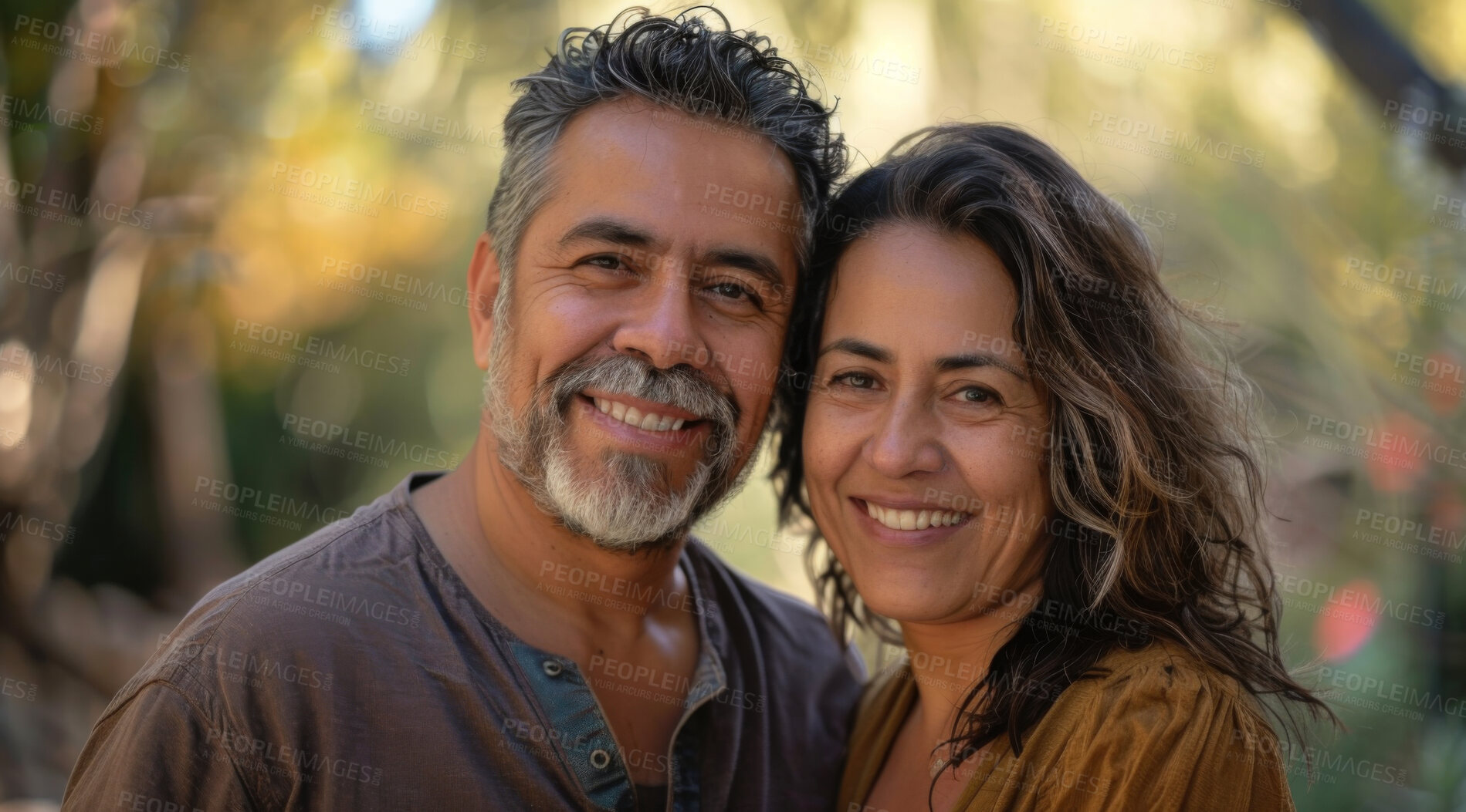 Buy stock photo Mature, couple and portrait of a man and woman posing together for love, bonding and dating. Happy, hispanic and romantic people radiating positivity outdoors for content, happiness and exploration