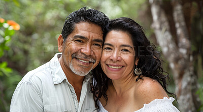 Buy stock photo Mature, couple and portrait of a man and woman posing together for love, bonding and dating. Happy, hispanic and romantic people radiating positivity outdoors for content, happiness and exploration