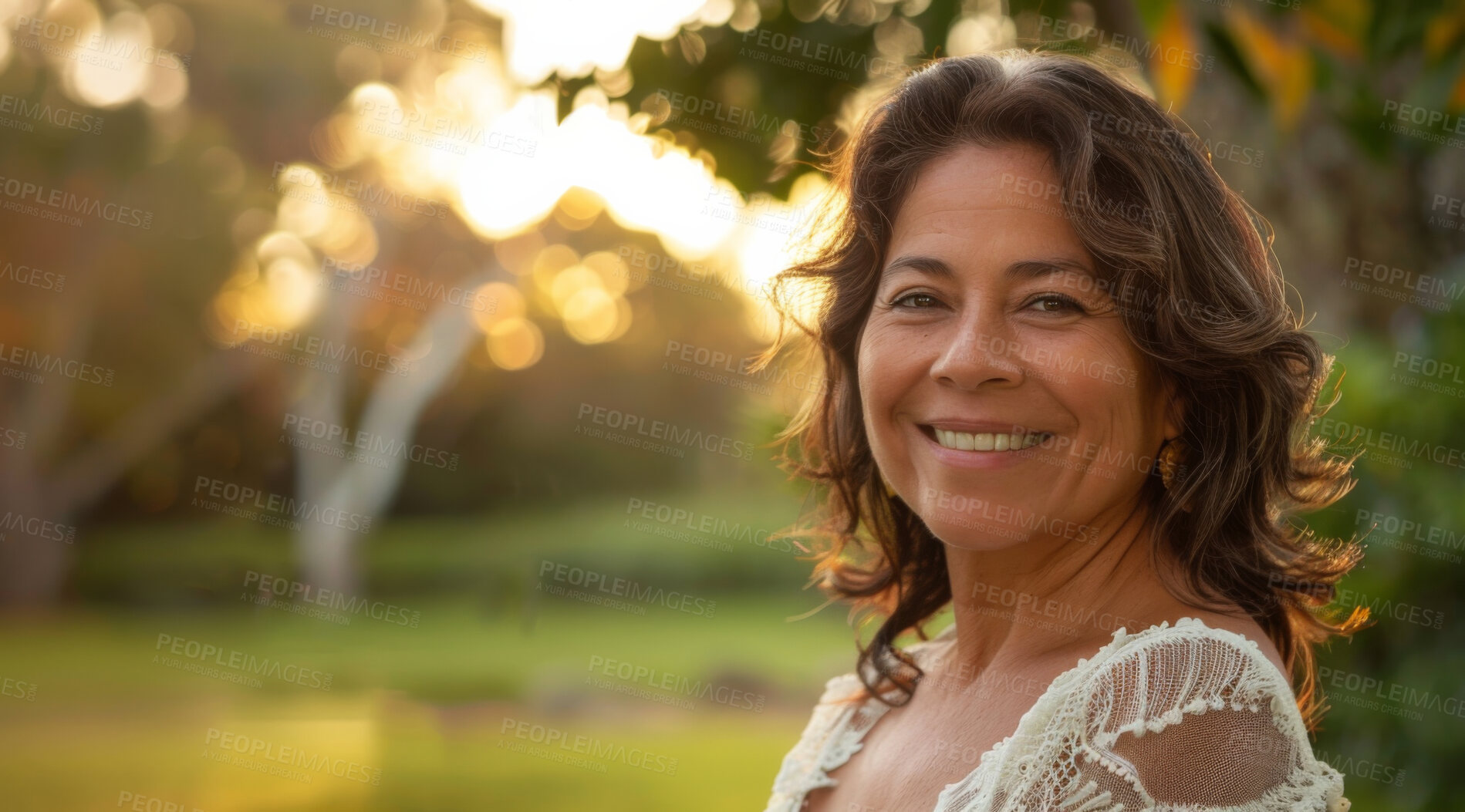 Buy stock photo Mature, woman and portrait of a female laughing in a park for peace, contentment and vitality. Happy, smiling and hispanic person radiating positivity outdoors for peace, happiness and exploration