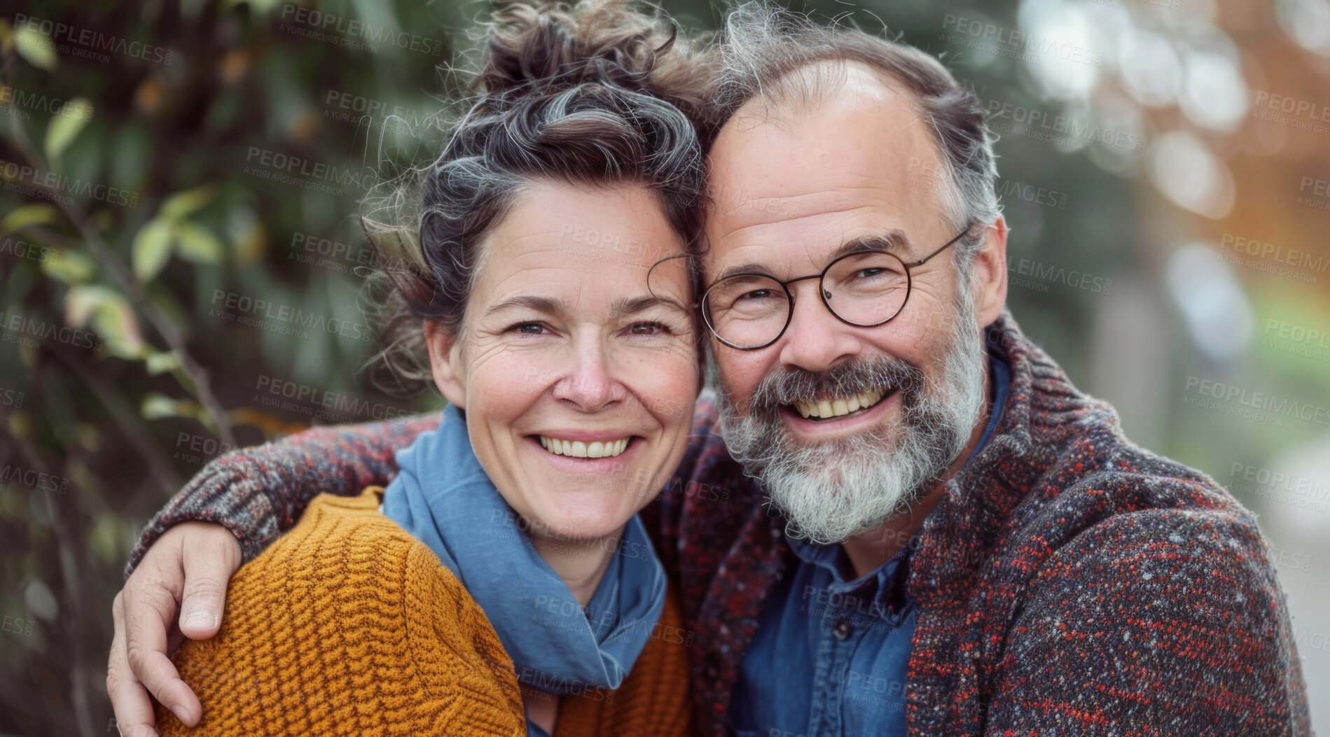 Buy stock photo Mature, couple and portrait of a man and woman posing together for love, bonding and dating. Happy, loving and romantic people radiating positivity outdoors for content, happiness and exploration