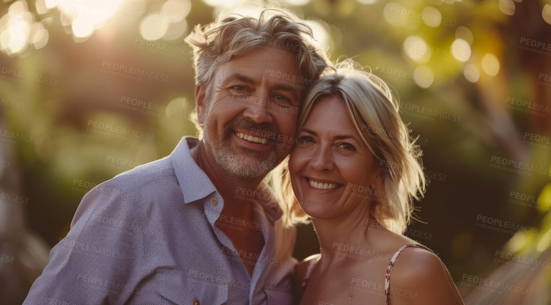 Buy stock photo Mature, couple and portrait of a man and woman posing together for love, bonding and dating. Happy, loving and romantic people radiating positivity outdoors for content, happiness and exploration