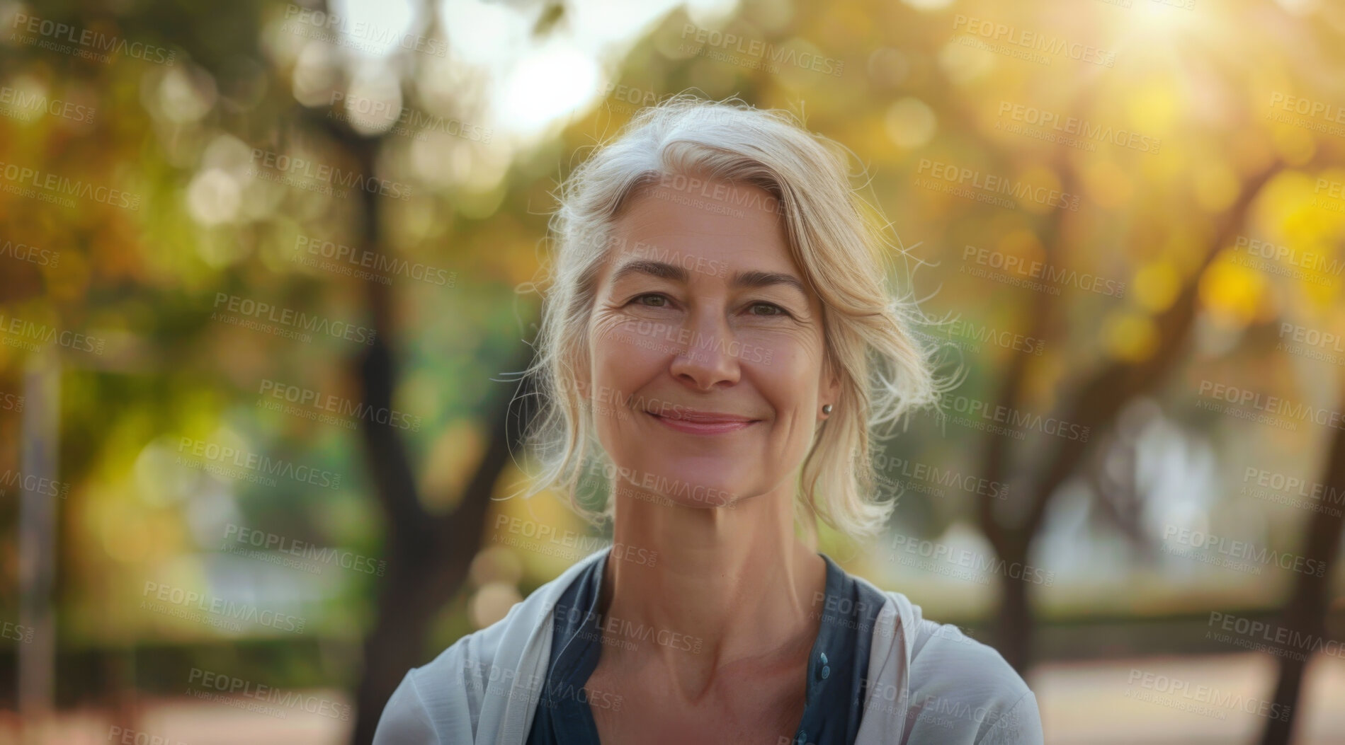 Buy stock photo Mature, woman and portrait of a female laughing in a park for peace, contentment and vitality. Happy, smiling and confident person radiating positivity outdoors for peace, happiness and exploration