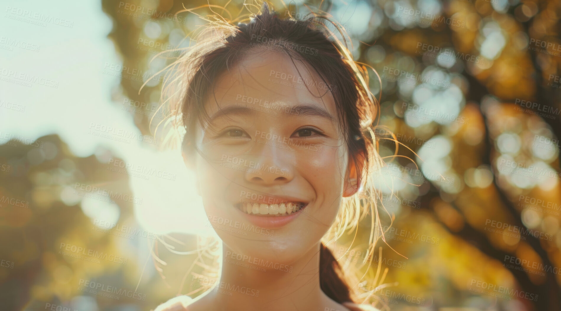 Buy stock photo Young, woman and portrait of a female laughing in a park for peace, contentment and vitality. Happy, smiling and confident asian girl radiating positivity outdoors for peace, happiness or exploration