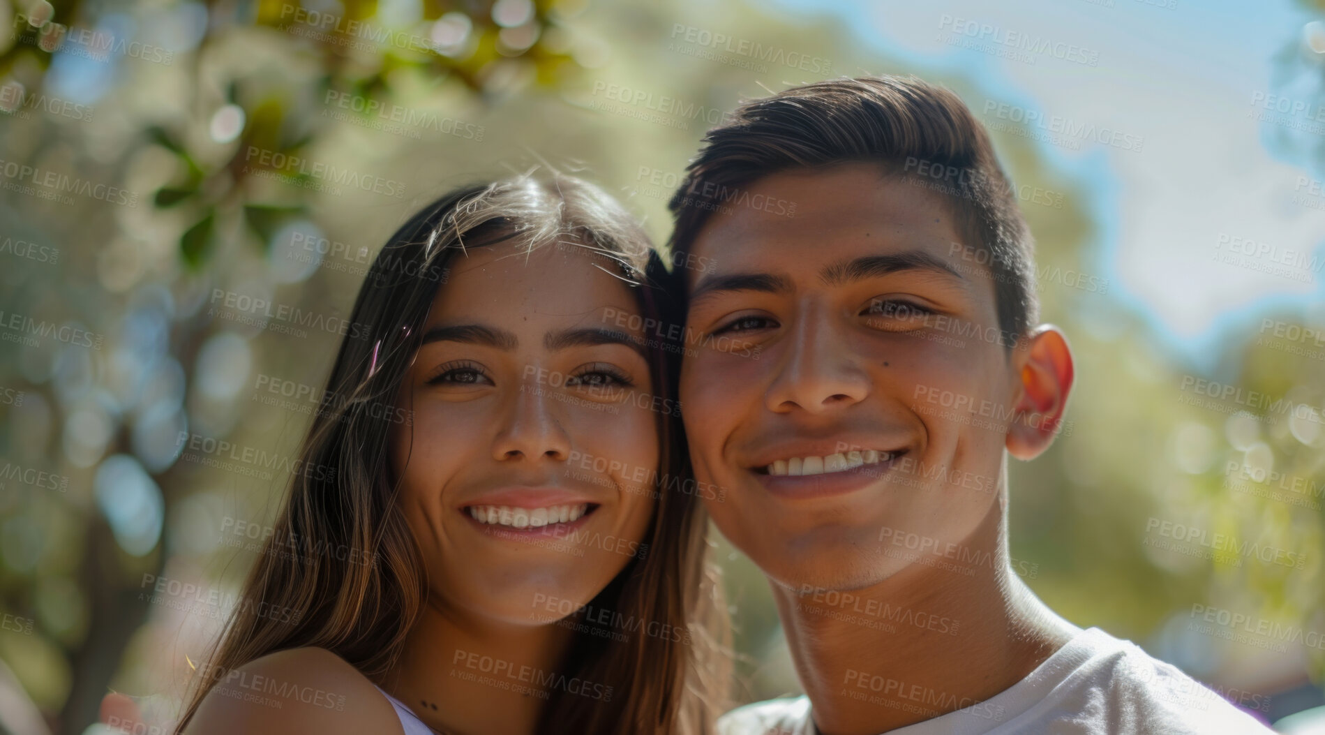 Buy stock photo Young, couple and portrait of a man and woman posing together for love, bonding and dating. Happy, hispanic and romantic people radiating positivity outdoors for content, happiness and exploration