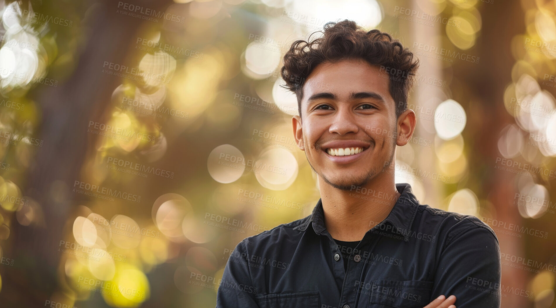 Buy stock photo Young, man and portrait of a male laughing in a park for peace, contentment and vitality. Happy, smiling and confident latin person radiating positivity outdoors for peace, happiness and exploration