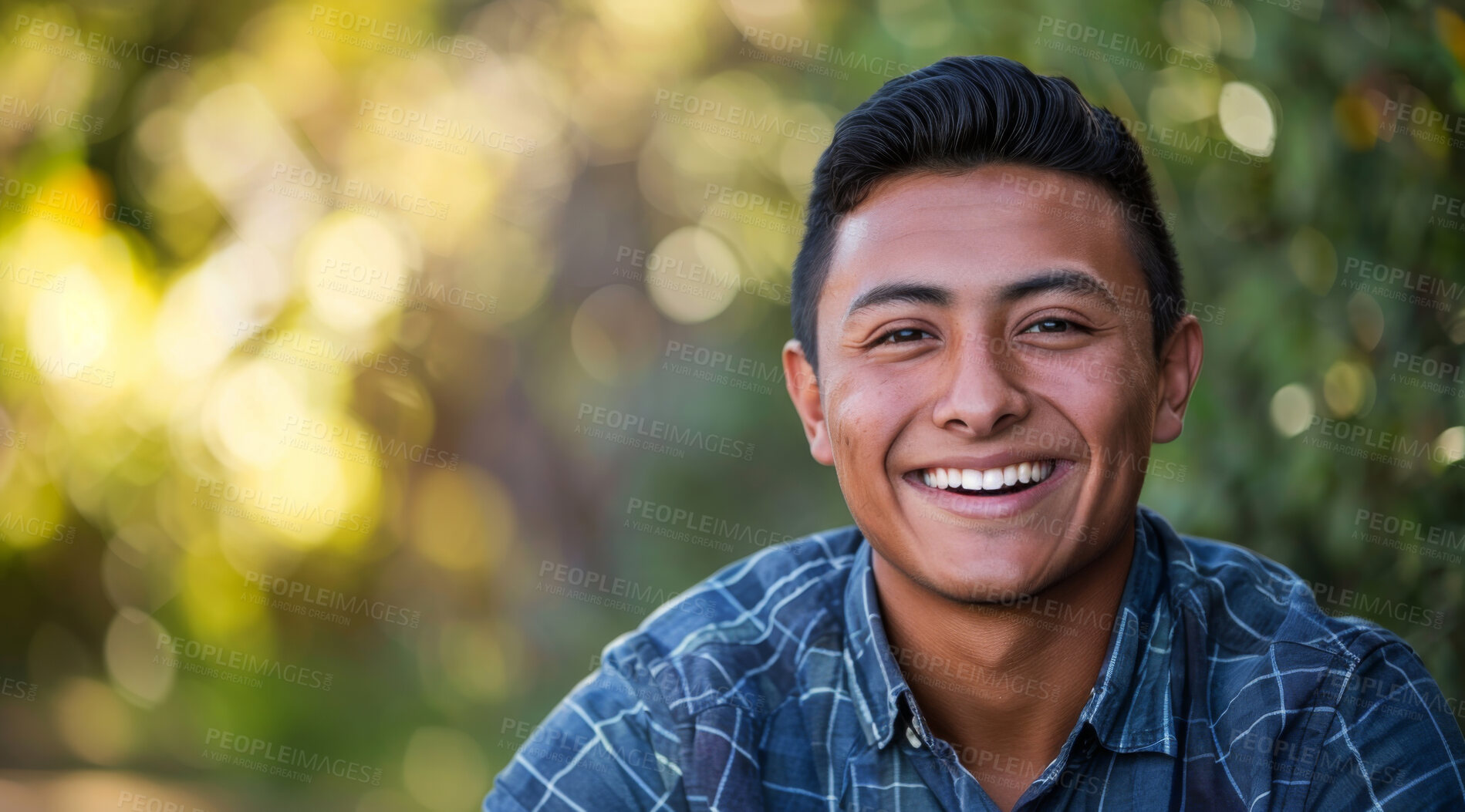 Buy stock photo Young, man and portrait of a male laughing in a park for peace, contentment and vitality. Happy, smiling and confident latin person radiating positivity outdoors for peace, happiness and exploration