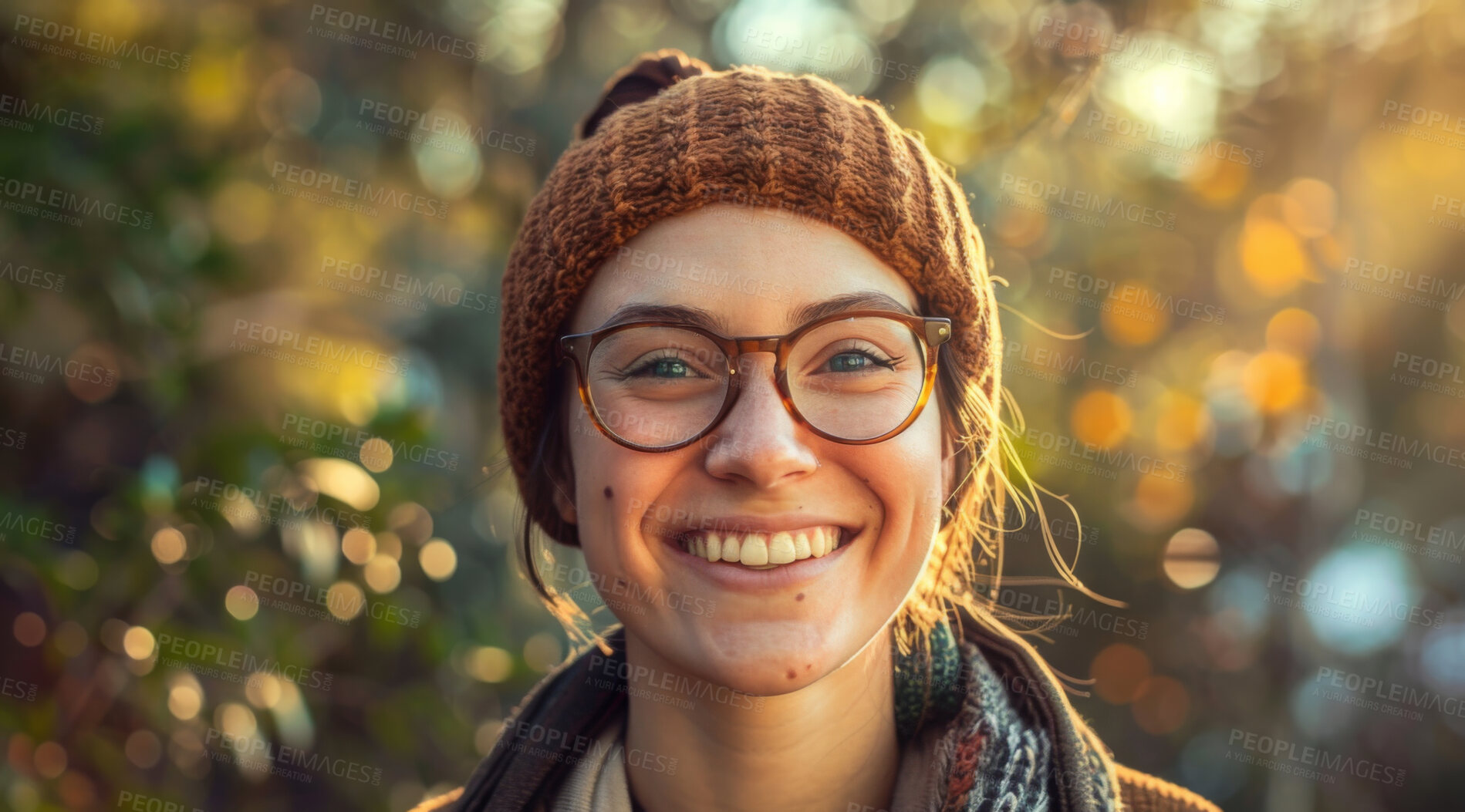 Buy stock photo Young, woman and portrait of a female laughing in a park for peace, contentment and vitality. Happy, smiling and confident person radiating positivity outdoors for peace, happiness and exploration