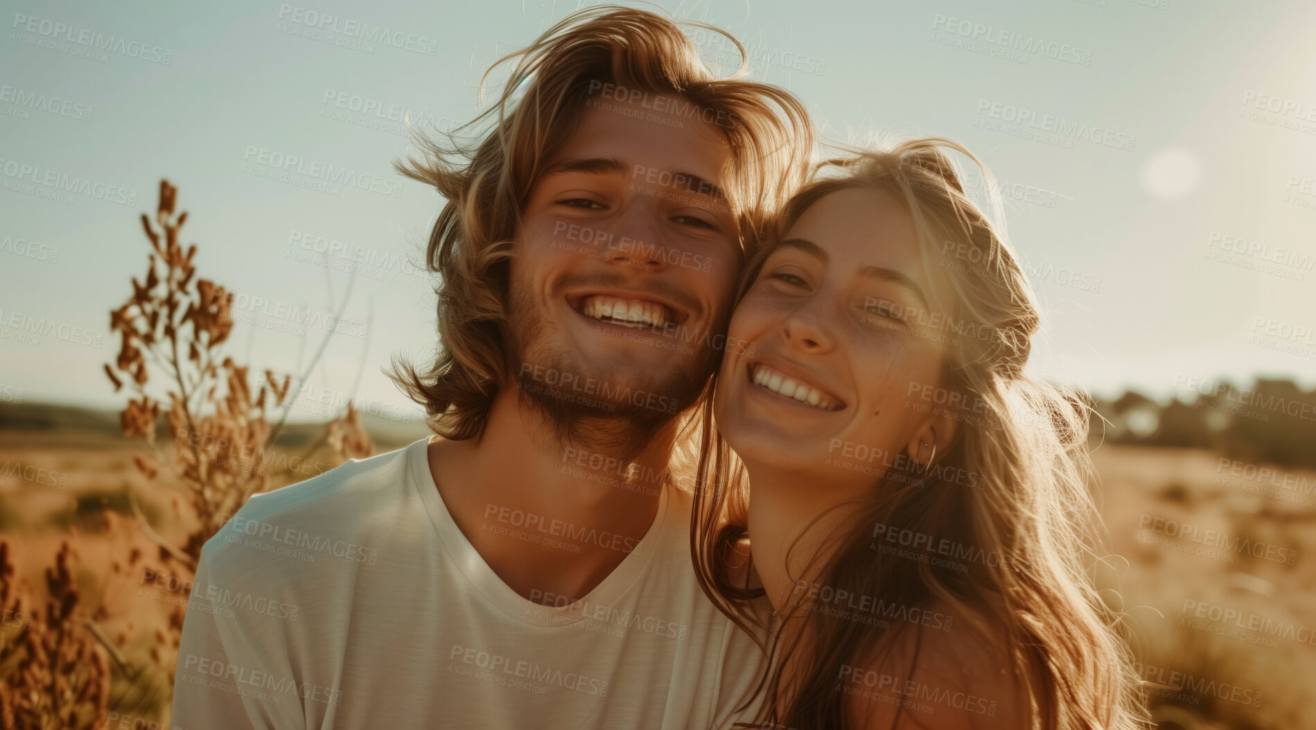 Buy stock photo Young, couple and portrait of a man and woman posing together for love, bonding and dating. Happy, smiling and romantic people radiating positivity outdoors for content, happiness and exploration