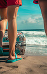 Woman, anonymous and legs walking on beach during  summer vacation in Hawaii with luggage, close up and cropped background. Relaxation with female or girl on tropical holiday adventure in nature