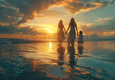 Vacation, mother and child walking on beach during sunset summer vacation in Hawaii with silhouette, clouds and water background. Holding hands with ocean or sea view on tropical holiday in nature